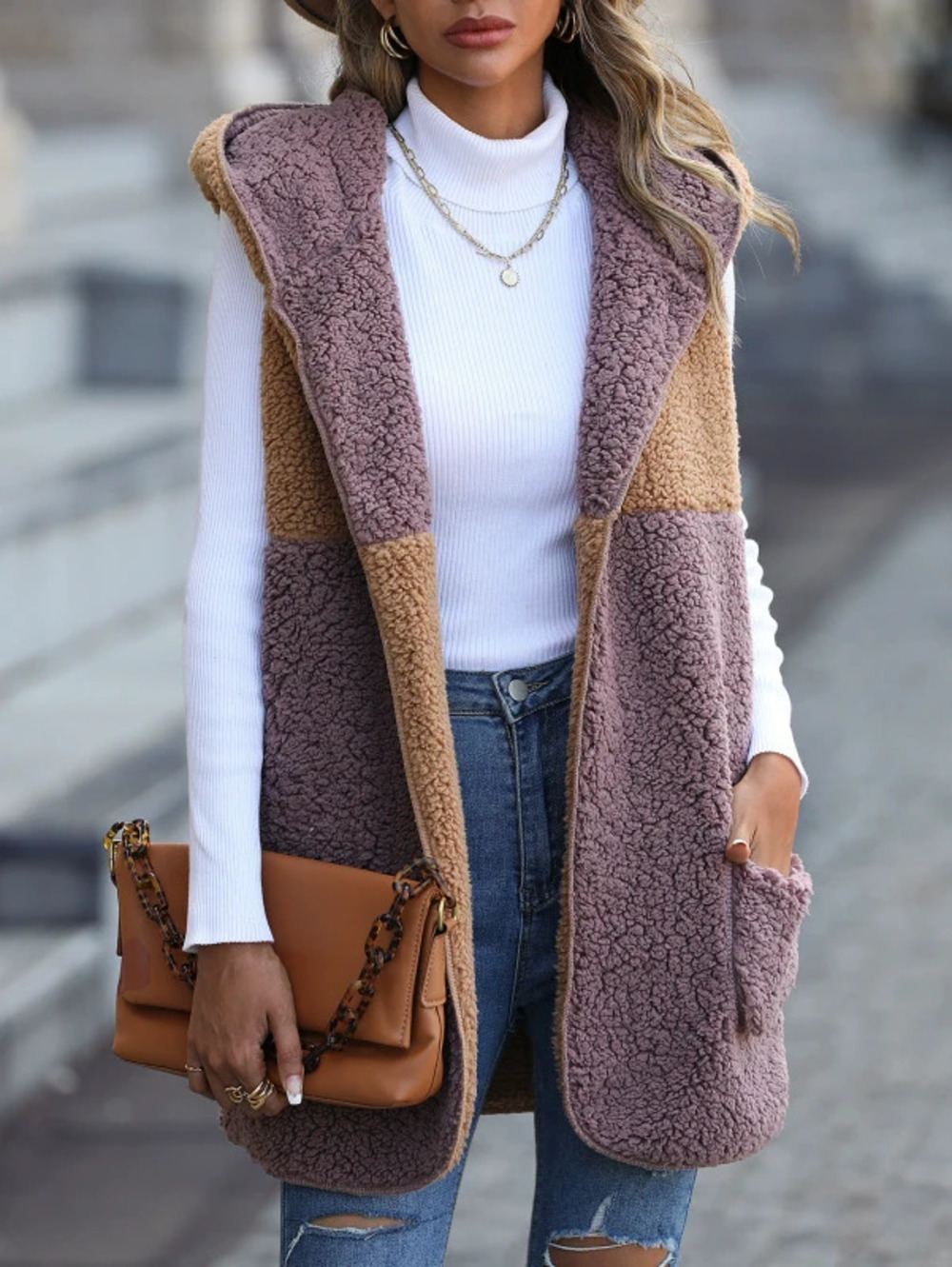 ZARA Fall Hooded Colorblock Pocket Open Front Midi Shiny Bubble Fleece Vest